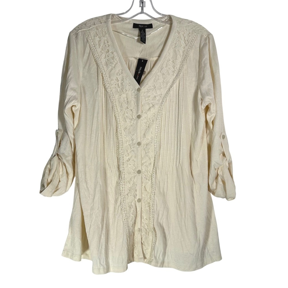 Style & Co Womens Lace Trim Roll Tab Sleeve Button Front‎ Top Warm Ivory Large
